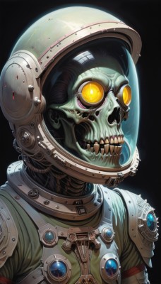 solo,open mouth,simple background,1boy,yellow eyes,upper body,male focus,teeth,armor,glowing,helmet,black background,portrait,glowing eyes,1other,science fiction,skull,green skin,alien,horror (theme),spacesuit,space helmet,astronaut,looking at viewer,black hair,mask,space,skeleton