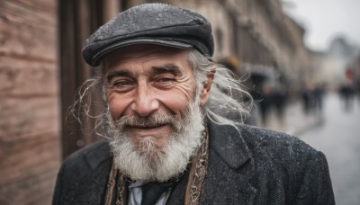 solo,looking at viewer,blue eyes,shirt,1boy,hat,closed mouth,jacket,upper body,white hair,grey hair,male focus,outdoors,necktie,pointy ears,collared shirt,blurry,black jacket,black headwear,depth of field,blurry background,facial hair,beret,thick eyebrows,portrait,black necktie,beard,mature male,realistic,mustache,manly,old,old man,grey headwear,wrinkled skin,smile,white shirt,day,medium hair,lips,coat,grey eyes,formal