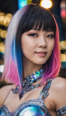 1girl,solo,breasts,looking at viewer,short hair,bangs,black hair,cleavage,bare shoulders,brown eyes,jewelry,medium breasts,upper body,pink hair,multicolored hair,parted lips,choker,medium hair,bra,blurry,black eyes,two-tone hair,lips,eyelashes,makeup,depth of field,blurry background,gem,armlet,eyeshadow,realistic,nose,bokeh,blunt bangs,necklace,gradient hair,portrait,veil