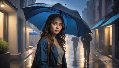 1girl,long hair,breasts,looking at viewer,brown hair,shirt,black hair,holding,cleavage,brown eyes,medium breasts,jacket,white shirt,upper body,outdoors,parted lips,open clothes,solo focus,belt,water,bag,open jacket,lips,wet,umbrella,wavy hair,backpack,plant,blue jacket,building,reflection,rain,holding umbrella,city,realistic,nose,silhouette,road,street,smile,bangs,long sleeves,collarbone,artist name,dark skin,blurry,dark-skinned female,makeup,night,denim,scenery,walking,curly hair,brown belt,lamppost,people,denim jacket,blue umbrella