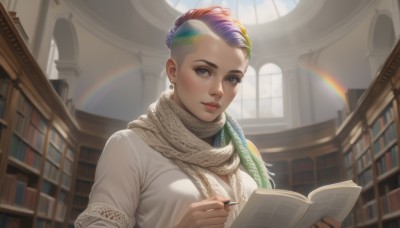 1girl,solo,breasts,looking at viewer,short hair,shirt,holding,brown eyes,jewelry,medium breasts,white shirt,upper body,purple hair,multicolored hair,earrings,parted lips,green hair,indoors,scarf,two-tone hair,lips,streaked hair,grey eyes,book,window,sunlight,feathers,holding book,open book,nose,bookshelf,pen,reading,rainbow,library,holding pen,rainbow hair,blue hair,sky,day,sweater,makeup,realistic