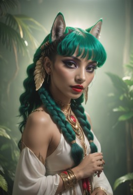 1girl,solo,long hair,breasts,looking at viewer,bangs,hair ornament,dress,animal ears,bare shoulders,jewelry,closed mouth,green eyes,upper body,braid,earrings,small breasts,detached sleeves,green hair,artist name,cat ears,dark skin,necklace,white dress,blurry,twin braids,bracelet,dark-skinned female,lips,animal ear fluff,eyelashes,aqua hair,makeup,depth of field,blurry background,ring,feathers,plant,lipstick,gem,hair over shoulder,eyeshadow,red lips,eyeliner,feather hair ornament,black hair,brown eyes,outdoors,signature,leaf,realistic,mascara,multiple braids