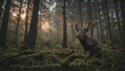 outdoors, tree, no humans, animal, sunlight, nature, scenery, forest, antlers, deer