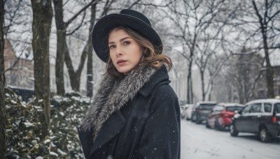 1girl,solo,looking at viewer,blue eyes,blonde hair,brown hair,hat,upper body,outdoors,parted lips,scarf,tree,lips,coat,fur trim,black headwear,ground vehicle,nature,motor vehicle,snow,forest,black coat,snowing,realistic,winter clothes,car,road,winter,bare tree,long hair,brown eyes,day,blurry,depth of field,bush,blue coat,winter coat