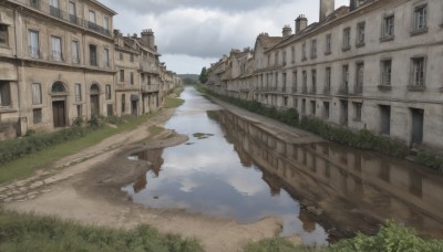 outdoors,sky,day,cloud,water,tree,blue sky,no humans,window,cloudy sky,grass,building,scenery,reflection,door,road,house,bridge,river,reflective water,plant,rock,bush,puddle,path