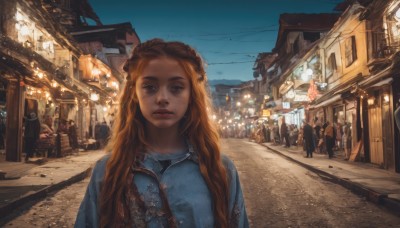 1girl,long hair,looking at viewer,brown hair,brown eyes,closed mouth,upper body,braid,outdoors,multiple boys,sky,solo focus,day,lips,night,blue shirt,ground vehicle,building,scenery,motor vehicle,freckles,6+boys,city,sign,realistic,nose,car,road,power lines,street,crowd,town,people,real world location,multiple girls,red hair,orange hair,armor,vanishing point