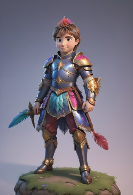 solo,looking at viewer,smile,short hair,simple background,brown hair,hair ornament,1boy,holding,brown eyes,standing,full body,weapon,male focus,multicolored hair,boots,sword,holding weapon,armor,black eyes,grass,feathers,knife,shoulder armor,child,pauldrons,breastplate,armored boots,dagger,feather hair ornament,male child,greaves,faulds,plate armor,pants,grey background,holding sword,gauntlets,clenched hand,clenched hands,faux figurine