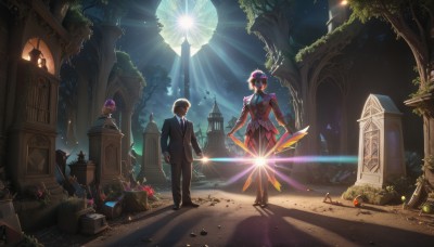 1girl,short hair,black hair,long sleeves,1boy,hat,holding,standing,jacket,weapon,flower,male focus,outdoors,multiple boys,necktie,sky,pants,sword,2boys,black footwear,holding weapon,looking at another,tree,night,glowing,black pants,formal,moon,suit,plant,building,scenery,walking,lamppost,statue,glowing weapon,glowing sword,shirt,hair ornament,white shirt,purple hair,shoes,black jacket,book,shadow,holding sword,star (sky),night sky,black necktie,light rays,ruins,black suit,church