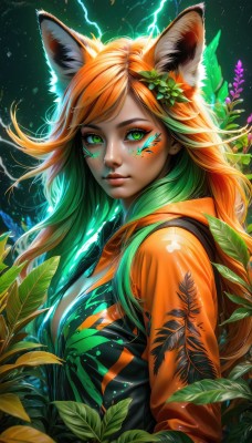 1girl,solo,long hair,breasts,looking at viewer,bangs,large breasts,hair ornament,animal ears,cleavage,medium breasts,closed mouth,green eyes,upper body,flower,multicolored hair,green hair,artist name,hair flower,hood,orange hair,from side,two-tone hair,lips,animal ear fluff,fox ears,eyelashes,gradient hair,makeup,swept bangs,glowing,leaf,watermark,facial mark,hood down,plant,eyeshadow,freckles,pink lips,nose,electricity,eyeliner,whisker markings,facepaint,leaf hair ornament,glowing hair,long sleeves,jacket,fox girl,web address,light particles,lightning,orange jacket,clover,four-leaf clover