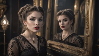 1girl,solo,looking at viewer,brown hair,black hair,dress,jewelry,upper body,earrings,parted lips,indoors,necklace,hair bun,blurry,black eyes,black dress,lips,see-through,grey eyes,makeup,blurry background,single hair bun,lipstick,portrait,skull,mirror,realistic,red lips,candle,painting (object),updo,portrait (object),breasts,blue eyes,brown eyes,teeth,signature,mole,multiple views,gold