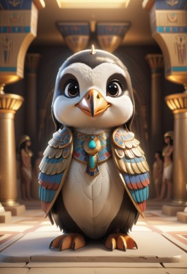 solo,looking at viewer,brown eyes,jewelry,closed mouth,standing,full body,solo focus,artist name,indoors,necklace,blurry,no humans,depth of field,blurry background,bird,animal,feathers,gem,animal focus,pillar,gold,blue gemstone,talons,beak,column,wings,watermark,statue