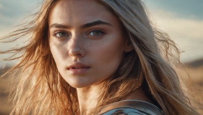 1girl,solo,long hair,looking at viewer,blonde hair,brown hair,brown eyes,closed mouth,outdoors,parted lips,sky,day,cloud,armor,blurry,lips,eyelashes,depth of field,blurry background,wind,portrait,close-up,freckles,realistic,nose,green eyes,yellow eyes,blue sky,sunlight,thick eyebrows,messy hair