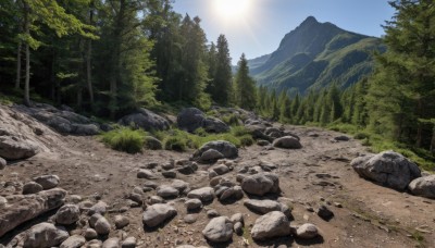 outdoors,sky,day,cloud,tree,blue sky,no humans,grass,nature,scenery,forest,rock,mountain,landscape,stone,sunlight,sun