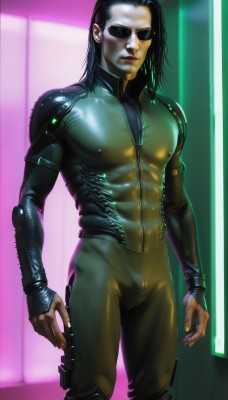 solo,long hair,looking at viewer,black hair,1boy,closed mouth,standing,male focus,artist name,covered nipples,lips,bodysuit,muscular,abs,sunglasses,pectorals,muscular male,skin tight,science fiction,realistic,cyborg,cyberpunk,holster,manly,animification