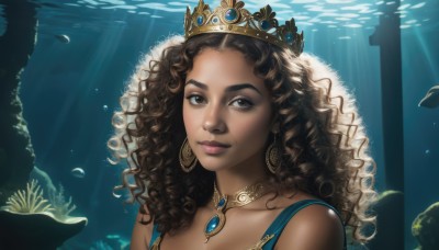 1girl,solo,long hair,looking at viewer,smile,brown hair,brown eyes,jewelry,upper body,earrings,dark skin,water,necklace,dark-skinned female,lips,eyelashes,makeup,watermark,sunlight,tiara,crown,gem,portrait,freckles,fish,curly hair,light rays,underwater,realistic,nose,sunbeam,very dark skin,coral,breasts,cleavage,bare shoulders,closed mouth,collarbone,day,artist name,ocean,pendant,backlighting,hoop earrings,neck ring