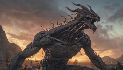 solo,open mouth,red eyes,outdoors,horns,sky,teeth,cloud,tree,no humans,glowing,cloudy sky,sharp teeth,glowing eyes,1other,smoke,monster,mountain,giant,weapon,from side,scenery,fantasy,ruins,kaijuu