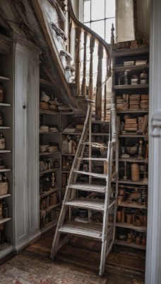 day,indoors,book,no humans,window,bottle,scenery,wooden floor,stairs,door,railing,bookshelf,shelf,jar,ladder,sunlight,box,shop,cage