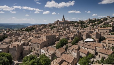 outdoors,sky,day,cloud,water,tree,blue sky,no humans,ocean,cloudy sky,building,nature,scenery,city,horizon,cityscape,castle,tower,landscape,cliff,town