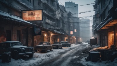 outdoors,sky,no humans,window,ground vehicle,building,scenery,motor vehicle,snow,snowing,city,sign,car,road,cityscape,winter,power lines,lamppost,street,utility pole,road sign,air conditioner,truck,real world location,day,light,vehicle focus