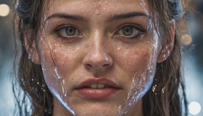 1girl,solo,long hair,looking at viewer,brown hair,black hair,brown eyes,parted lips,teeth,water,mole,blurry,lips,wet,eyelashes,depth of field,blurry background,portrait,close-up,freckles,reflection,realistic,nose,wet hair,mole on cheek,water drop