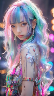 1girl,solo,long hair,breasts,looking at viewer,bangs,blue eyes,dress,bare shoulders,jewelry,closed mouth,blue hair,upper body,ponytail,pink hair,multicolored hair,earrings,blunt bangs,blurry,collar,from side,two-tone hair,lips,streaked hair,looking to the side,eyelashes,aqua hair,tattoo,gradient hair,makeup,depth of field,blurry background,wavy hair,piercing,gem,armlet,pink lips,bokeh,medium breasts,sleeveless,choker,artist name,necklace,ear piercing,lens flare,backlighting,realistic,nose,mascara