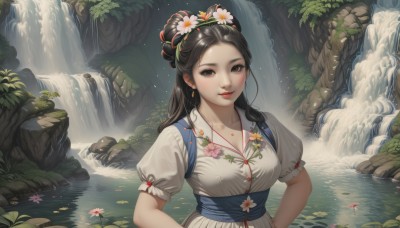 1girl,solo,long hair,breasts,looking at viewer,smile,brown hair,black hair,hair ornament,dress,brown eyes,jewelry,medium breasts,closed mouth,collarbone,upper body,flower,short sleeves,earrings,outdoors,puffy sleeves,hair flower,water,hair bun,puffy short sleeves,lips,sash,chinese clothes,floral print,nature,hands on hips,rock,red lips,waterfall,lily pad,pond,parted lips,necklace,white dress