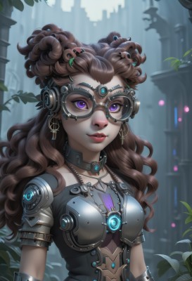 1girl,solo,long hair,breasts,looking at viewer,smile,brown hair,jewelry,medium breasts,purple eyes,upper body,short sleeves,earrings,glasses,choker,artist name,dark skin,necklace,armor,blurry,dark-skinned female,lips,eyelashes,makeup,leaf,watermark,wavy hair,plant,lipstick,goggles,curly hair,nose,red lips,dreadlocks,gorget,cross