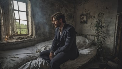 solo,short hair,brown hair,shirt,black hair,long sleeves,1boy,sitting,closed mouth,jacket,male focus,necktie,collared shirt,pants,indoors,black jacket,pillow,window,bed,facial hair,on bed,black pants,formal,cat,suit,plant,curtains,black necktie,beard,manly,photo (object),bedroom,black suit,painting (object),jewelry,white shirt,day,necklace,from side,looking to the side,book,feet out of frame,bottle,realistic,blanket,hands on lap