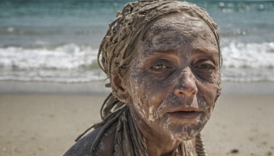 solo,looking at viewer,1boy,brown eyes,closed mouth,male focus,outdoors,day,water,blurry,blurry background,ocean,beach,portrait,realistic,sand,old,photo background,grey eyes,depth of field,facial hair,beard,wrinkled skin