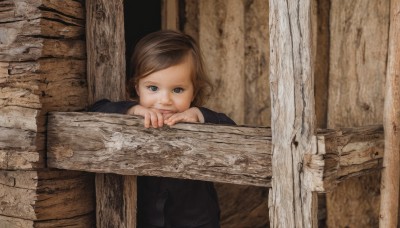 1girl,solo,looking at viewer,smile,short hair,blue eyes,brown hair,long sleeves,closed mouth,upper body,indoors,window,child,realistic,female child,wall,wooden wall,wood,from outside,lips