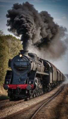 outdoors,sky,day,cloud,tree,military,no humans,ground vehicle,nature,motor vehicle,forest,smoke,military vehicle,tank,vehicle focus,train,caterpillar tracks,world war ii,railroad tracks,blue sky,damaged,machine gun