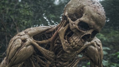 solo,1boy,upper body,outdoors,teeth,water,blurry,tree,wet,no humans,blurry background,1other,rain,skull,monster,water drop,realistic,ribs,skeleton,bone,open mouth,depth of field,bubble,underwater,air bubble,horror (theme)