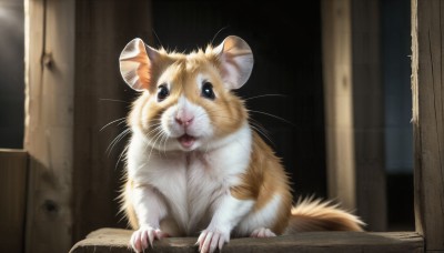 HQ,solo,looking at viewer,open mouth,indoors,blurry,black eyes,no humans,window,animal,fangs,cat,claws,realistic,door,animal focus,whiskers,horror (theme),open door,doorway,full body,white fur,mouse