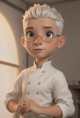 solo,looking at viewer,blush,smile,short hair,shirt,1boy,brown eyes,closed mouth,white shirt,upper body,white hair,male focus,glasses,artist name,indoors,blurry,lips,window,buttons,blurry background,own hands together,child,freckles,double-breasted,male child,chef,parted lips,thick eyebrows,semi-rimless eyewear,realistic,nose