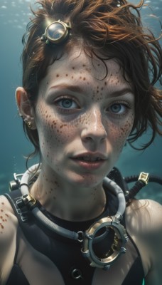 1girl,solo,looking at viewer,short hair,blue eyes,brown hair,bare shoulders,jewelry,swimsuit,upper body,earrings,parted lips,teeth,artist name,water,lips,watermark,piercing,goggles,messy hair,ear piercing,portrait,freckles,bubble,goggles on head,underwater,realistic,air bubble,black hair,eyelashes,blood,blood on face,nose,cable,dirty,submerged,diving mask,dirty face