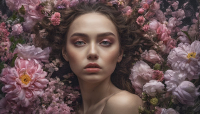 1girl, solo, looking at viewer, brown hair, flower, lying, parted lips, lips, grey eyes, portrait, pink flower, freckles, realistic