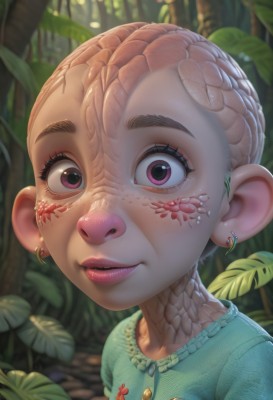 1girl,solo,looking at viewer,short hair,brown hair,shirt,jewelry,purple eyes,braid,earrings,outdoors,parted lips,pink eyes,blurry,lips,blurry background,leaf,plant,monster girl,child,portrait,nature,close-up,forest,freckles,realistic,nose,green shirt,female child,scales,lizard,tree,eyelashes,thick eyebrows