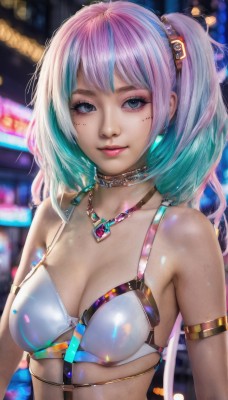 1girl,solo,long hair,breasts,looking at viewer,smile,bangs,blue eyes,hair ornament,cleavage,bare shoulders,twintails,jewelry,medium breasts,closed mouth,blue hair,collarbone,swimsuit,upper body,pink hair,bikini,multicolored hair,choker,shiny,necklace,mole,blurry,two-tone hair,lips,shiny skin,grey eyes,eyelashes,mole under eye,aqua hair,gradient hair,makeup,blurry background,one side up,white bikini,gem,bikini top only,armlet,eyeshadow,freckles,realistic,nose,purple hair,earrings,small breasts,artist name,streaked hair