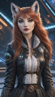 1girl,solo,long hair,breasts,looking at viewer,bangs,skirt,brown hair,long sleeves,animal ears,brown eyes,jewelry,jacket,yellow eyes,upper body,earrings,outdoors,parted lips,open clothes,belt,artist name,black skirt,necklace,blurry,lips,black jacket,fur trim,fox ears,makeup,night,blurry background,lipstick,fox girl,buckle,zipper,freckles,red lips,leather,leather jacket,cleavage,medium breasts,orange hair,open jacket,eyelashes,cross,extra ears,realistic,badge,button badge