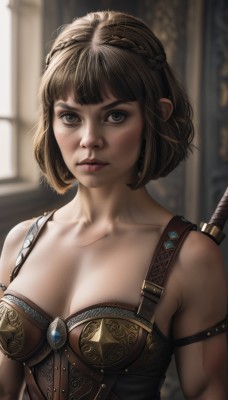 1girl,solo,breasts,looking at viewer,short hair,bangs,brown hair,cleavage,bare shoulders,brown eyes,medium breasts,closed mouth,green eyes,collarbone,upper body,weapon,braid,sword,artist name,indoors,armor,blurry,lips,window,blurry background,armlet,realistic,nose,crown braid,weapon on back,sword behind back,blush,black hair,makeup,muscular,scar,corset,freckles,strap