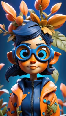 1girl,solo,looking at viewer,smile,short hair,blue eyes,black hair,hair ornament,animal ears,closed mouth,blue hair,jacket,upper body,flower,open clothes,glasses,pointy ears,artist name,hair flower,hood,lips,hoodie,makeup,leaf,blue background,hood down,plant,goggles,zipper,freckles,facial mark