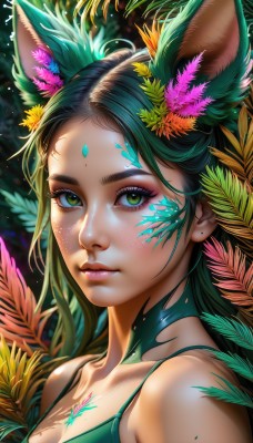 1girl,solo,long hair,breasts,looking at viewer,hair ornament,animal ears,cleavage,bare shoulders,jewelry,medium breasts,closed mouth,green eyes,collarbone,upper body,flower,earrings,green hair,artist name,hair flower,mole,lips,animal ear fluff,fox ears,eyelashes,tattoo,makeup,leaf,facial mark,plant,lipstick,portrait,extra ears,eyeshadow,freckles,pink lips,realistic,nose,red lips,spaghetti strap,eyeliner,mascara,multicolored hair,signature,gradient hair,close-up,facepaint