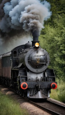 outdoors,sky,day,cloud,tree,military,no humans,grass,ground vehicle,nature,motor vehicle,forest,smoke,military vehicle,tank,vehicle focus,train,caterpillar tracks,railroad tracks,science fiction,turret,cannon