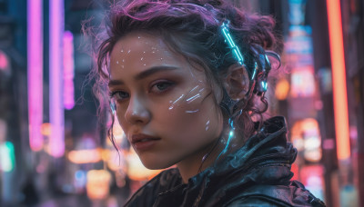 1girl, solo, looking at viewer, short hair, black hair, parted lips, dark skin, blurry, dark-skinned female, lips, blurry background, portrait, science fiction, realistic, nose, cyborg, city lights, cyberpunk, neon lights