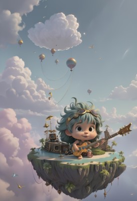 1girl,solo,smile,short hair,brown eyes,sitting,outdoors,green hair,sky,shorts,barefoot,day,cloud,water,chibi,black eyes,tree,blue sky,bird,cloudy sky,grass,plant,goggles,instrument,scenery,goggles on head,aircraft,music,guitar,cable,balloon,playing instrument,holding instrument,speaker,1boy,blue hair,male focus,no humans