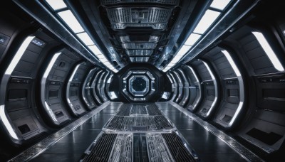 dutch angle,no humans,scenery,reflection,science fiction,cable,space,spacecraft,train station,machine,solo,indoors,window,robot,machinery