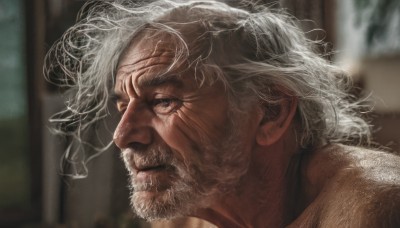 solo,1boy,closed mouth,white hair,grey hair,male focus,nude,indoors,blurry,grey eyes,blurry background,facial hair,scar,messy hair,portrait,beard,scar on face,mature male,realistic,mustache,manly,old,old man,wrinkled skin,looking at viewer,from side,profile,depth of field,veins,scar across eye