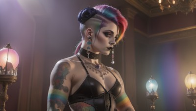 1girl,solo,breasts,short hair,cleavage,bare shoulders,jewelry,medium breasts,underwear,upper body,pink hair,purple hair,multicolored hair,earrings,small breasts,choker,indoors,necklace,hair bun,bra,collar,two-tone hair,lips,tattoo,makeup,piercing,lipstick,black bra,eyeshadow,realistic,nose,lamp,candle,arm tattoo,mascara,black lips,nose piercing,lip piercing,brown eyes,collarbone,ponytail,black choker