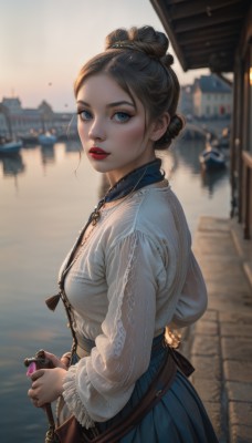 1girl,solo,breasts,looking at viewer,blue eyes,skirt,brown hair,shirt,black hair,long sleeves,dress,holding,jewelry,standing,white shirt,earrings,outdoors,parted lips,day,belt,looking back,necklace,bag,hair bun,blurry,from side,lips,blue skirt,makeup,depth of field,blurry background,blue dress,single hair bun,lipstick,freckles,handbag,realistic,red lips,blush,short hair,hair ornament,medium breasts,pleated skirt,teeth,solo focus,water,eyelashes,blouse,camera,architecture,brown bag