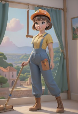 1girl,solo,smile,short hair,bangs,brown hair,shirt,hat,holding,brown eyes,standing,full body,short sleeves,boots,outdoors,parted lips,sky,day,collared shirt,pants,cloud,indoors,tree,blue sky,lips,window,brown footwear,suspenders,helmet,curtains,child,cross-laced footwear,broom,yellow shirt,female child,overalls,looking at viewer,building